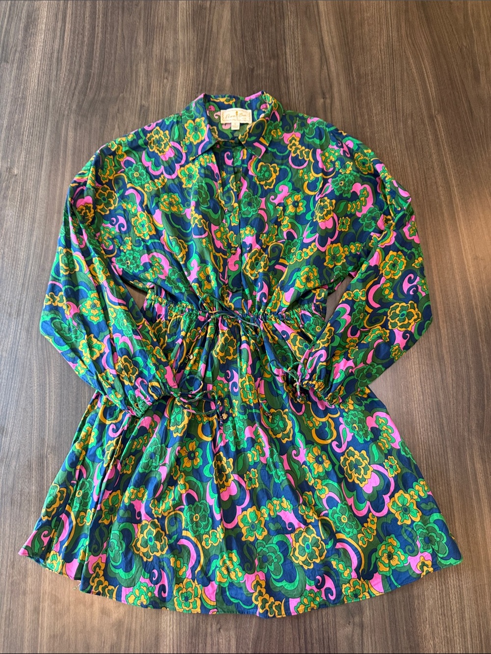 Flora Bea NYC Retro Floral Mini Dress Size S Green Pink 70s Print